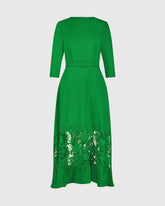 Green Crepe Boat Neck Midi Dress With Applique Cut Out
